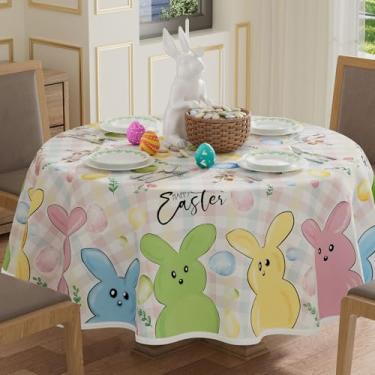 Imagem de XCHI Toalha de mesa xadrez feliz páscoa colorida coelho ovos coelhos Páscoa toalha de mesa redonda toalha de mesa lavável para decoração de jantar em casa 70 x 70 polegadas