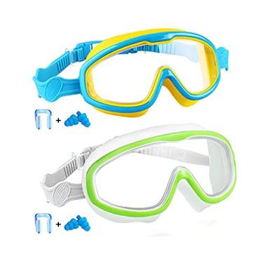 Imagem de Óculos de natação para idade 3-15 2 unidades com cobertura nasal anti-embaçamento sem vazamento armação grande cinta silicone ajustável selo macio lentes amplas visão 180 graus nítida