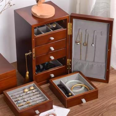 Imagem de Caixa de armazenamento de joias de madeira bloqueável, organizador vertical de 6 camadas, design rústico para anéis, brincos, colares, pulseiras - Armário de joias de grande capacidade.