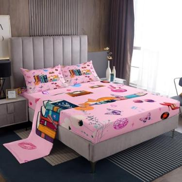 Imagem de jejeloiu Jogo de lençol solteiro para meninas, cantora, música, livros de gatos, moda, rosa, decoração de quarto, lençol com elástico alto, 3 peças