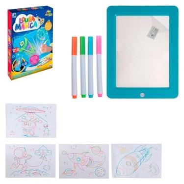 Imagem de Lousa Magica LED, Kit Desenho Infantil, 4 Canetas Coloridas e Cartões com Desenhos, Brinquedo Educativo para Crianças 4+ Anos