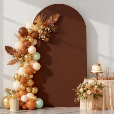 Imagem de Capa de fundo de arco marrom de 1,8 m – Capas de poliéster com suporte de arco de casamento de topo redondo Chiara para decoração de festa de aniversário, banquete, foto de fundo