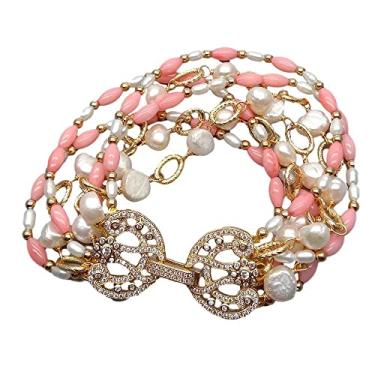 Imagem de DWBPGVUN Pulseira de 7 fios de arroz cultivada em coral branco barroco de água doce pérola declaração 20 cm estilo bonito para mulheres