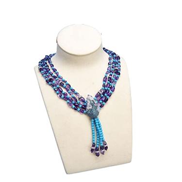 Imagem de SASOKI Colar de declaração, joias, 4 fileiras, ametistas, roxas, naturais, turquesas, azul, pavê, pingente de pavão, feito à mão para mulheres