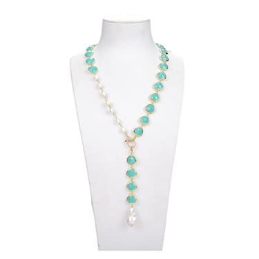 Imagem de DWBPGVUN Colar de cristal verde pérola de arroz branco pingente de pérola Keshi branco 71 cm