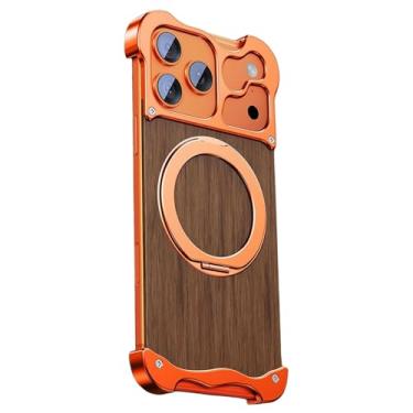Imagem de HUHUCASE Capa de madeira de nogueira de formato irregular para iPhone 17 Pro Max, com suporte giratório magnético de metal de 360° e proteção contra quedas de airbag de quatro cantos (iPhone17air