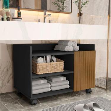 Imagem de Gabinete de Banheiro Londres 60 cm com Rodas Cor:Preto/Ripado - Navarr