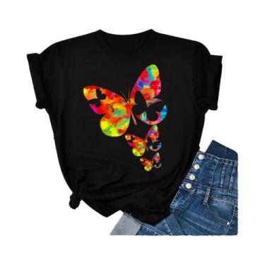 Imagem de Camiseta Feminina Colorida Com Estampa De Pétalas De Borboleta, Manga 
