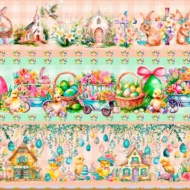 Imagem de Tecido Tricoline Digital Barrado Temática Páscoa, Estampa Coelhos e Ovos Coloridos, Listras com Flores e Cestas 55cm x 150cm 10 faixas