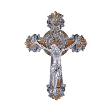 Imagem de DICOSMETIC 26 x 18,4 cm Medalha de crucifixo de São Bento 2 tons Jesus Cristo para pendurar na parede cruz católica decoração de casa acabamento prata antigo Juses presentes religiosos para homens e