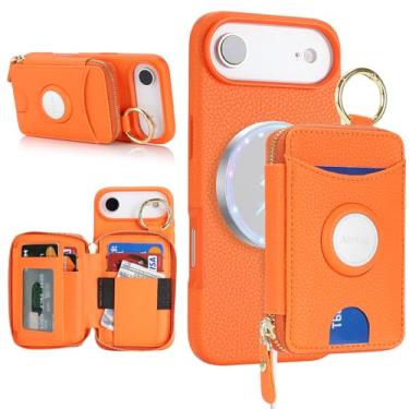 Imagem de Cavor Capa carteira compatível com MagSafe para iPhone 17 Air com suporte para AirTag, 2 em 1 de couro PU, magnético, destacável, porta-cartões, anel com suporte, zíper, capa de telefone para mulheres