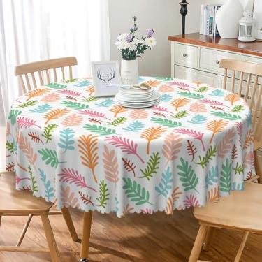 Imagem de Laeacco Toalha de mesa redonda com folhas botânicas de 152 cm, colorida, folha natural, branca, lavável, impermeável, sem vincos, para cozinha, jantar, piquenique, festa, pátio, quintal, decoração