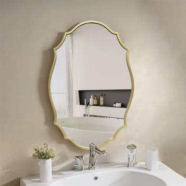 Imagem de Espelho Led Espelho De Banheiro Francês Espelho De Parede Barroco Regulável De 3 Cores Espelho De Vaidade Irregular Espelho Decorativo Antigo Dourado Com Interruptor De Toque, Rose Gold, 50 * 70cm