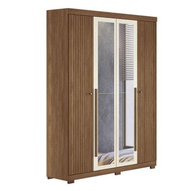 Imagem de Guarda Roupa Casal Ripado 4 Portas Buriti Com Espelho E Pés Jatobá Areia Acetinado - Santos Andirá