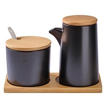 Imagem de Kit Galheteiro Gourmet Cerâmica Black e Bambu: Elegância e Organização para sua Mesa