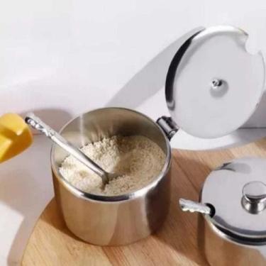 Imagem de Açucareiro Inox Açucareiro Aço Inox Colher Dosadora Porta Açúcar Mesa 