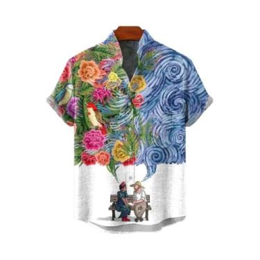 Imagem de Camisa Masculina De Linho Com Estampa Artística Florestal, Manga Curta