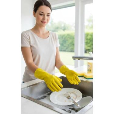 Imagem de Luva Látex Amarela Jardinagem Limpeza Resistente Segura G - Congratula