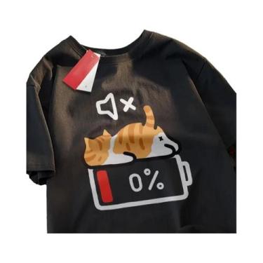 Imagem de Camiseta Retrô De Verão Com Estampa De Gato, Solta, De Manga Curta E G