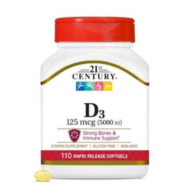 Imagem de Vitamina D3 125 mcg (5.000 UI) Cápsulas gelatinosas de liberação rápida 110 ct-Unissex