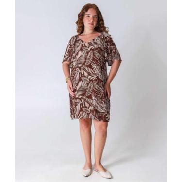 Imagem de Vestido Plus Size Feminino Folhas Manga Curta Marisa M-52725, Marrom, 