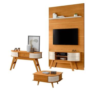 Imagem de Estante Home Theater com Bancada Silverstone e Aparador Estoril com Mesa de Centro Indianápolis Cinamomo Off White – Madetec