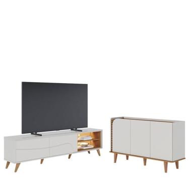 Imagem de Rack Bancada Amalfi Com Pés Em Madeira E Aparador Buffet Jurerê Off White Matte Freijó...