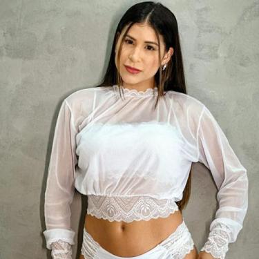 Imagem de Blusa cropped manga longa gola alta de tule mais corpo, Branco,  M