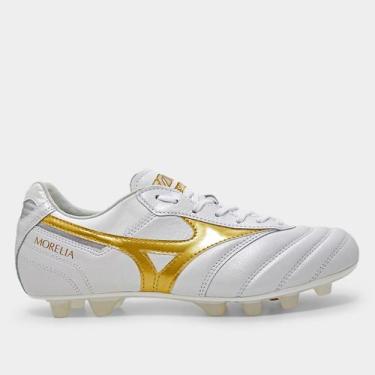 Imagem de Chuteira Campo Mizuno Morelia J Unissex, Branco, Dourado, 40