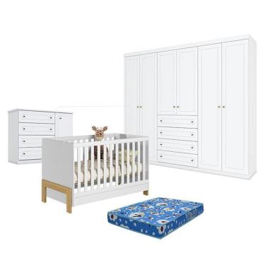 Imagem de Quarto de Bebê Americano 6 Portas com Berço Americano Mini Cama Fantasia Branco Acetinado – Qmovi - Henn e Colchão TendTudo