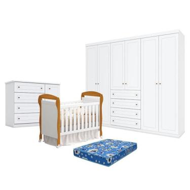 Imagem de Quarto de Bebê 6 Portas com Berço Danny Branco Acetinado Savana Reller e Colchão TendTudo - Henn.