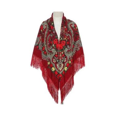 Imagem de Lenço Feminino Retrô De Algodão Estampado Com Franjas 51x51in, Xale, H