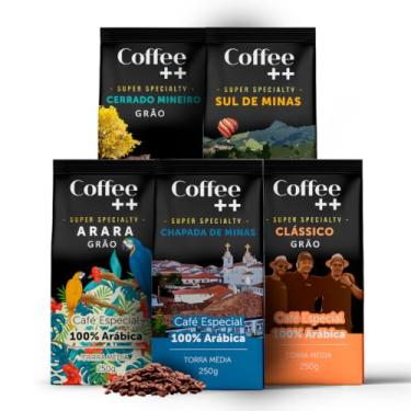 Imagem de Kit 5 Pacotes Café Especial em Grãos Coffee++ Variedades: Chapada de Minas, Sul de Minas, Cerrado Mineiro, Arara e Clássico - 100% Arábica (5x250g)