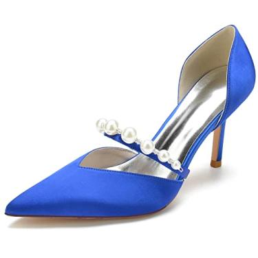 Imagem de Sapatos femininos Mary Jane Pearls Bridal salto de casamento vestido de festa baile 8,5 cm, Azul, 7