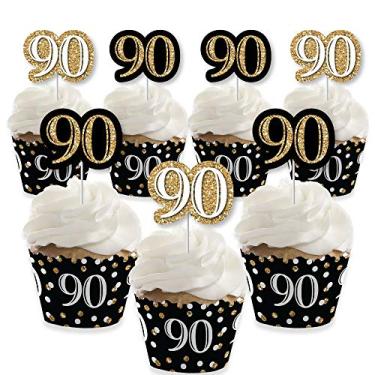 Imagem de Adulto 90º Aniversário – Ouro – Decoração de cupcake – Kit de cupcake de festa de aniversário e palitos de petiscos – Conjunto de 24