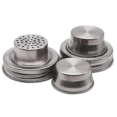 Imagem de Pacote com 2 tampas de coqueteleira Mason de aço inoxidável com vedações de silicone para maçom de boca regular, potes de conserva de temperos, sal, pimentas ou coquetéis de bebidas