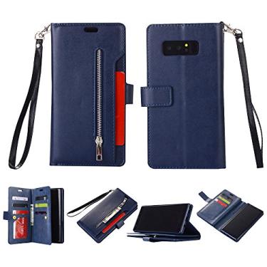 Imagem de Capa para Samsung Galaxy Note 8, carteira de couro PU Folio Flip Case com zíper bolso slots para cartão fecho magnético capa protetora à prova de choque com alça de pulso para Samsung Galaxy Note 8 (azul)