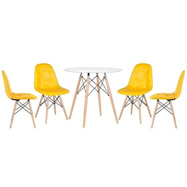 Imagem de Loft7, Kit Mesa Eames Eiffel 80 cm branco + 4 cadeiras estofadas Eames Botonê amarelo