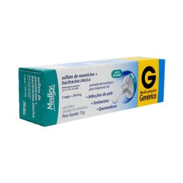 Imagem de Sulfato de Neomicina + Bacitracina Zíncica 5mg+250UI Pomada Dermatológica 15g Genérico Medley MEDLEY