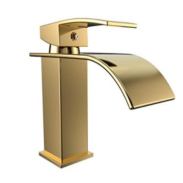 Imagem de Torneira Bocal Curvo Calha Baixa Dourado Banheiro Lavabo