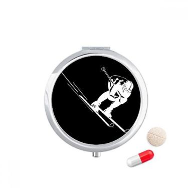 Imagem de Caixa de comprimidos esportiva preta com ilustração de esqui e bolso para medicamentos, dispensador de recipiente