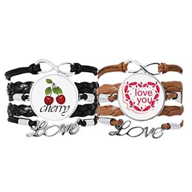 Imagem de Pulseira para o Dia dos Namorados Coração Rosa Love You Pulseira de Couro Corda Cereja Conjunto Duplo