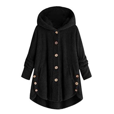 Imagem de maiduoduo01 Cardigã feminino de inverno solto comprimento médio casaco grosso com capuz cor sólida jaqueta de botão, Preto GG, tamanho �nico