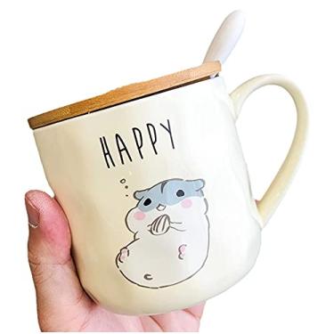 Imagem de Caneca de gato com tampa e colher 3D linda xícara de chá de café de cerâmica conjunto de caneca de casal para professores, mães, mulheres, amigas, amantes de hamster (hamster feliz, 400 ml)