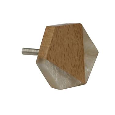 Imagem de Puxador Geométrico Hexagonal Branco com Detalhe Amadeirado em Resina Ideal para Gavetas, Armários e Móveis Contemporâneos