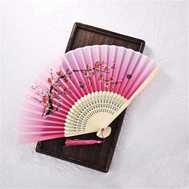Imagem de Leque dobrável estilo vintage ventilador dobrável de seda padrão chinês japonês arte artesanato presente decoração de casa ornamentos ventilador de mão dança acessórios decorativos feitos à mão (cor: E, tamanho: 38X21cm)