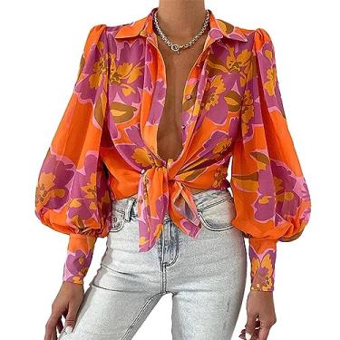 Imagem de Camisa Feminina, Manga Bufante, Camisa Feminina Com Gola Virada para Baixo, Manga Comprida Solta para Fazer Compras para Meninas (XL)