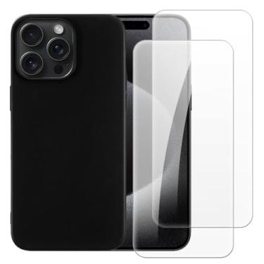 Imagem de Shantime Capa compatível com iPhone 15 Pro Max + [pacote com 2] película protetora de tela de vidro temperado - silicone TPU flexível macio para iPhone 15 Pro Max (6,7 polegadas) (preto)