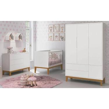 Imagem de Kit Quarto Infantil Square Branco Fosco - Berço + Cômoda com Porta + Guarda-Roupa 3 Portas