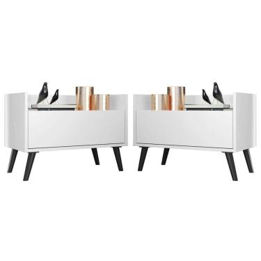 Imagem de Kit c/ 2 Mesas de Cabeceira 80 cm c/ Pés Retrô Multimóveis Branca/Preta